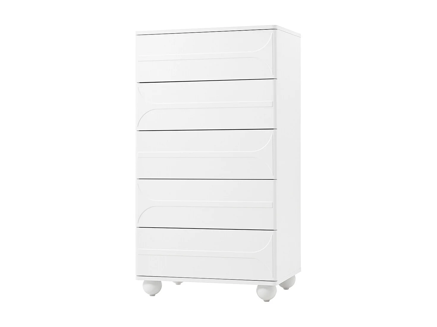 Commode 5 tiroirs design gaufré élégant pieds métalliques blancs grande capacité de rangement coins arrondis blanc