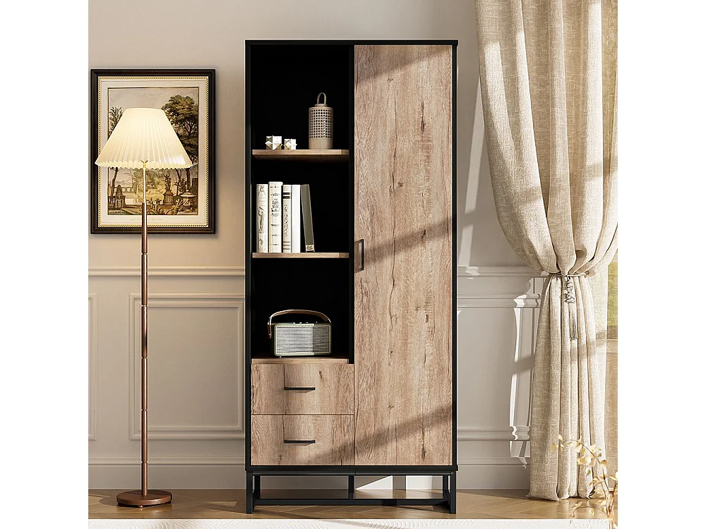 Moderne hoge kast in houtlook met zwart frame 2 lades 3 open vakken veelzijdige opbergruimte zwart