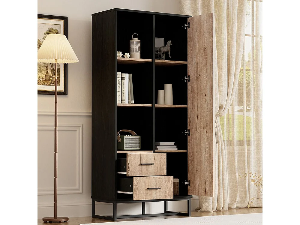 Moderne hoge kast in houtlook met zwart frame 2 lades 3 open vakken veelzijdige opbergruimte zwart