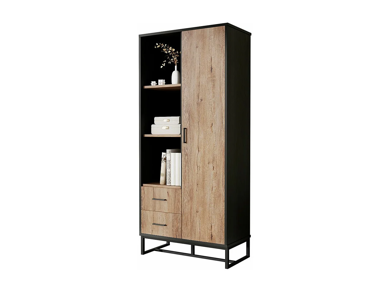 Moderne hoge kast in houtlook met zwart frame 2 lades 3 open vakken veelzijdige opbergruimte zwart