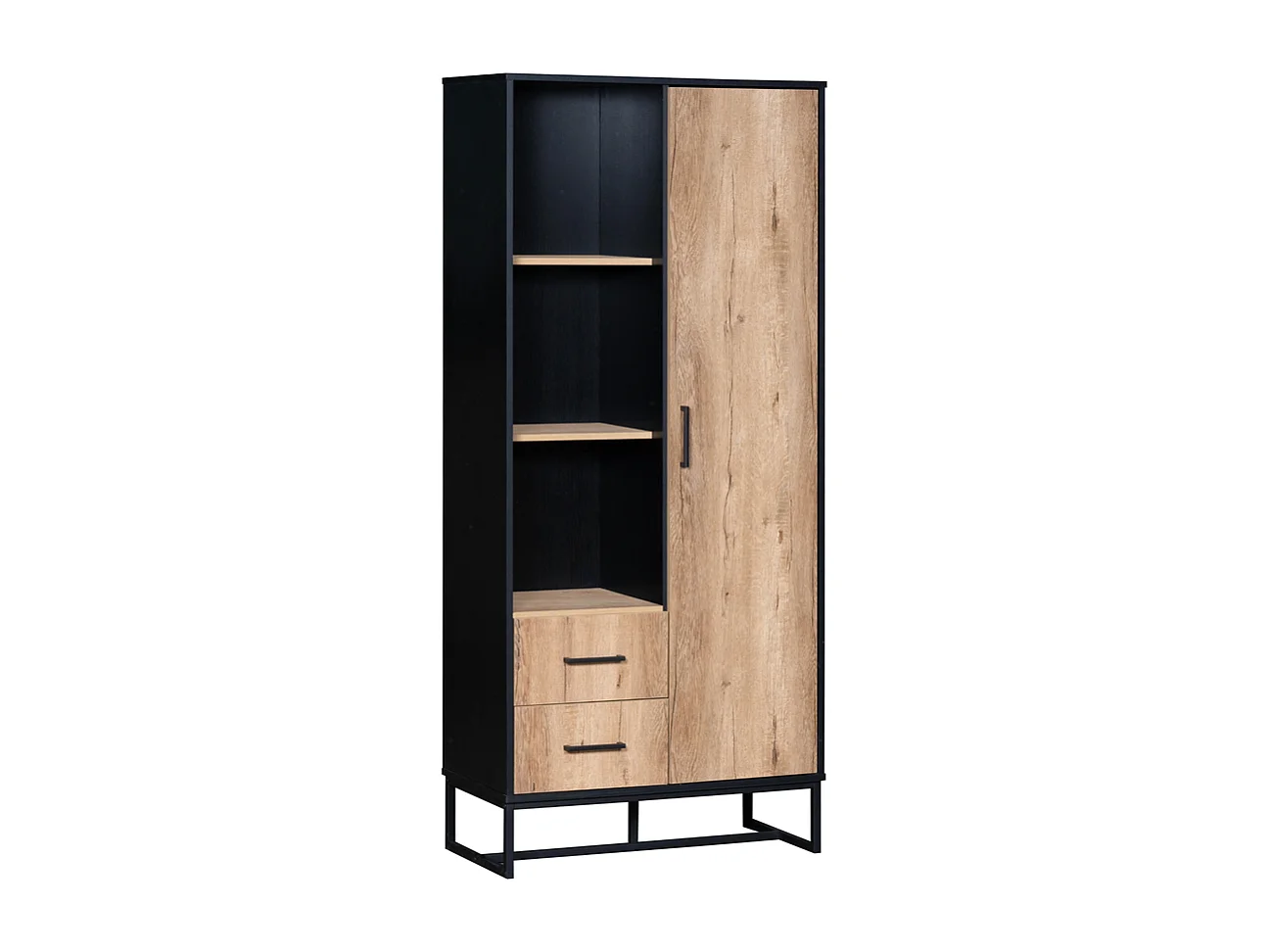 Moderne hoge kast in houtlook met zwart frame 2 lades 3 open vakken veelzijdige opbergruimte zwart