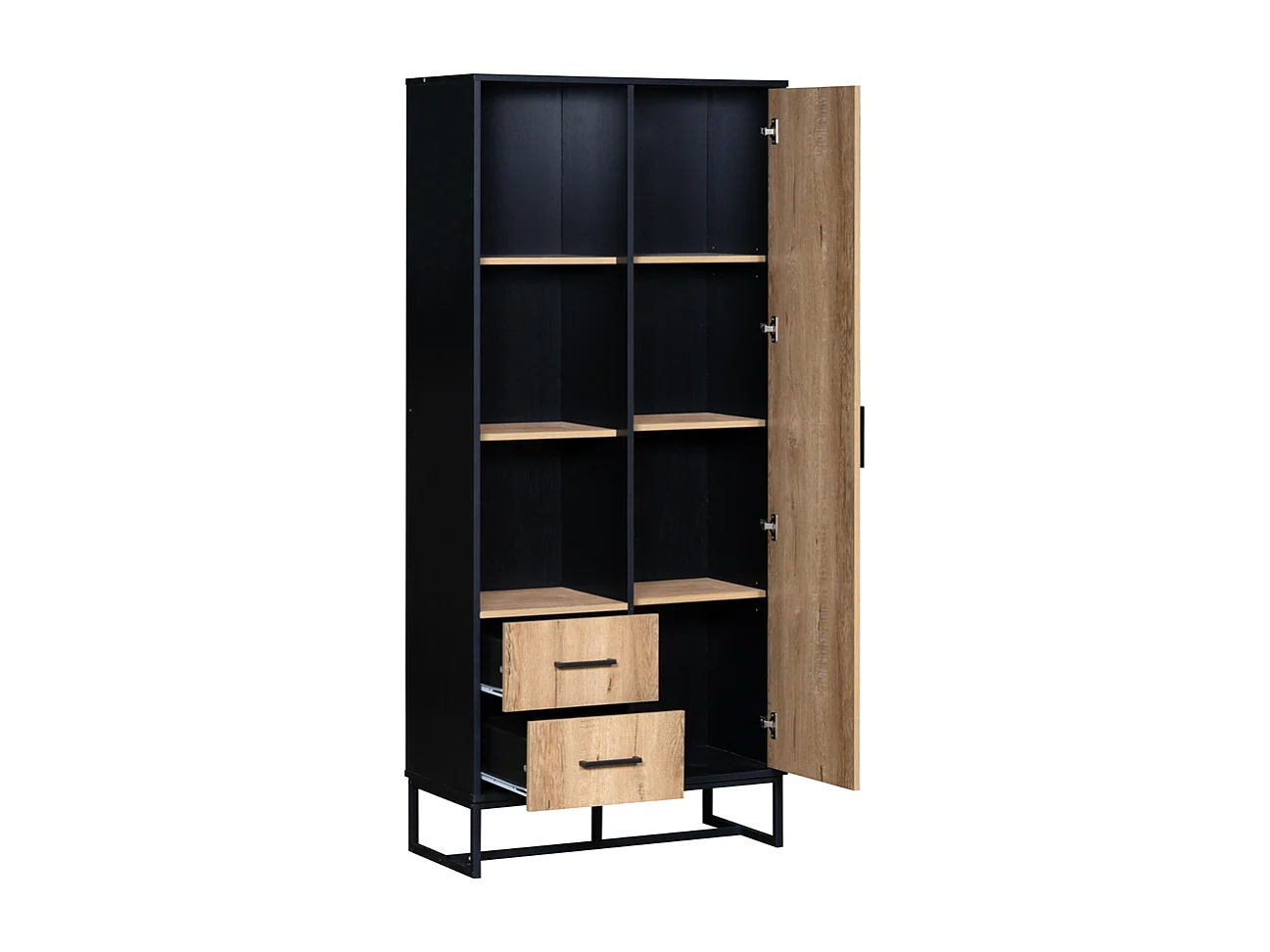 Moderne hoge kast in houtlook met zwart frame 2 lades 3 open vakken veelzijdige opbergruimte zwart