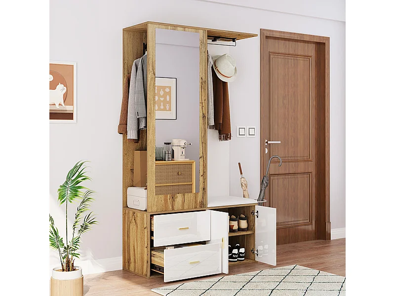 Armoire Ensemble rangement noir bois miroir armoire chaussures banc crochets cintres coulissants blanc+naturel