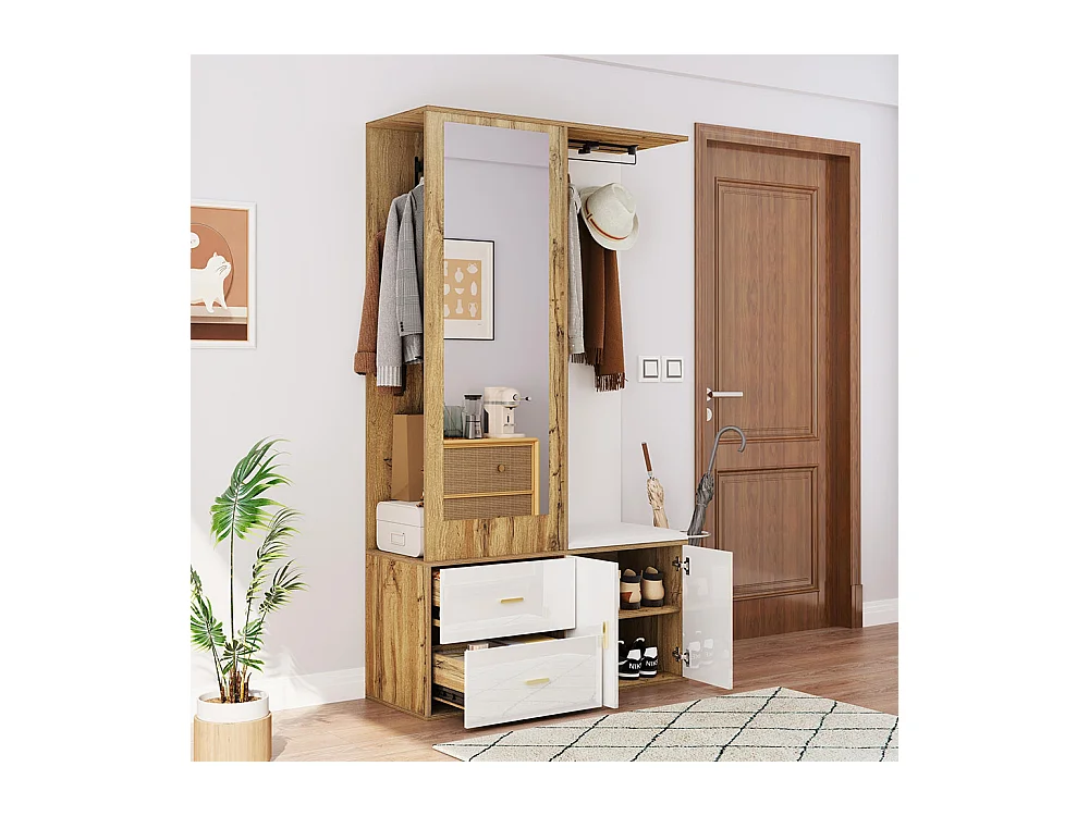 Armoire Ensemble rangement noir bois miroir armoire chaussures banc crochets cintres coulissants blanc+naturel
