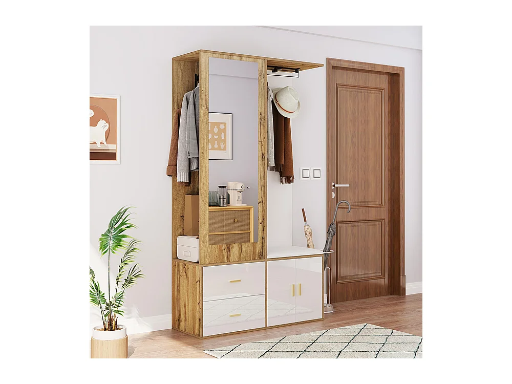 Armoire Ensemble rangement noir bois miroir armoire chaussures banc crochets cintres coulissants blanc+naturel
