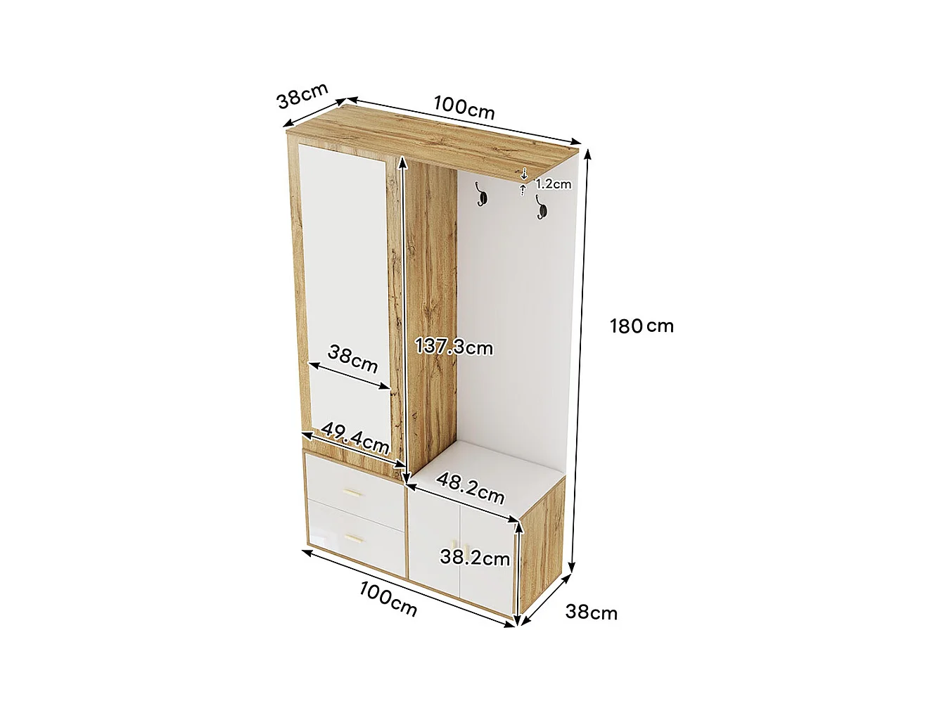 Armoire Ensemble rangement noir bois miroir armoire chaussures banc crochets cintres coulissants blanc+naturel