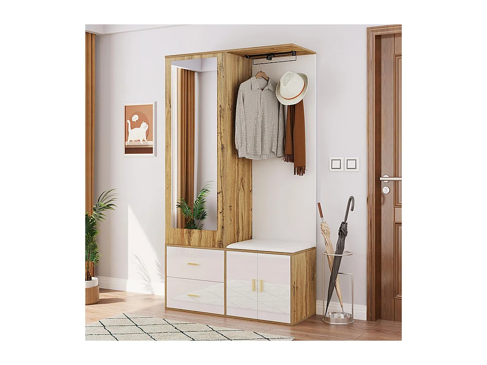 Armoire Ensemble rangement noir bois miroir armoire chaussures banc crochets cintres coulissants blanc+naturel