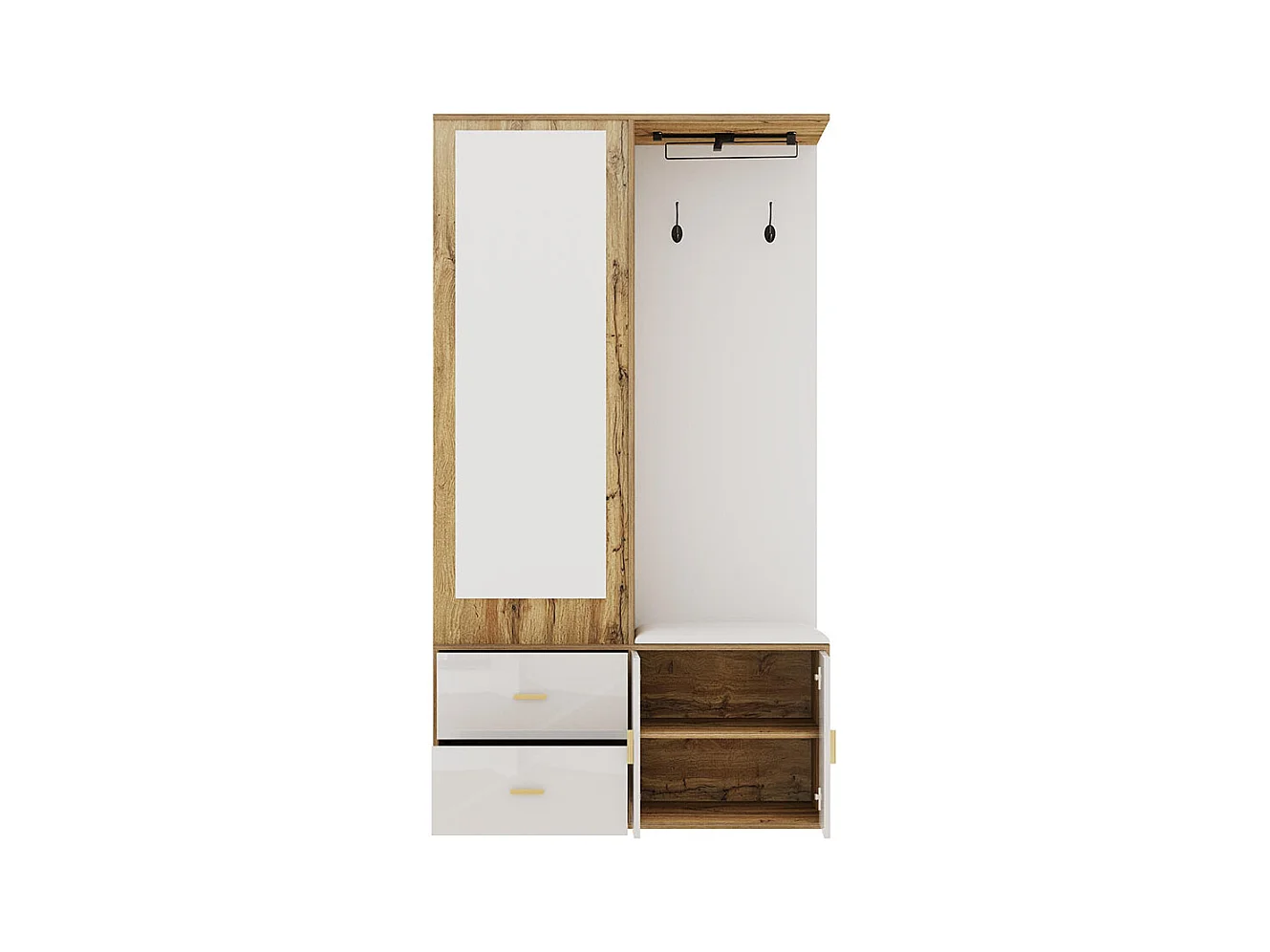 Armoire Ensemble rangement noir bois miroir armoire chaussures banc crochets cintres coulissants blanc+naturel
