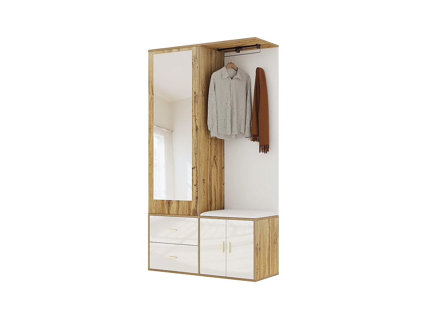 Armoire Ensemble rangement noir bois miroir armoire chaussures banc crochets cintres coulissants blanc+naturel