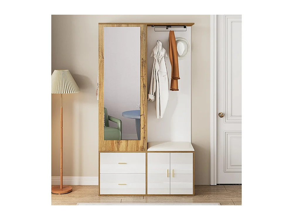 Armoire Ensemble rangement noir bois miroir armoire chaussures banc crochets cintres coulissants blanc+naturel