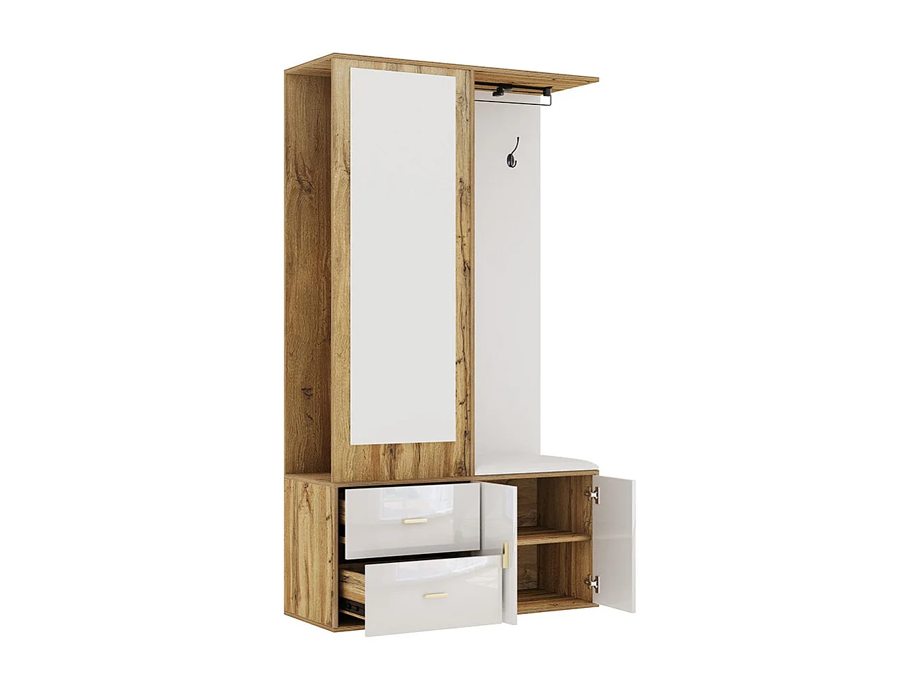 Armoire Ensemble rangement noir bois miroir armoire chaussures banc crochets cintres coulissants blanc+naturel