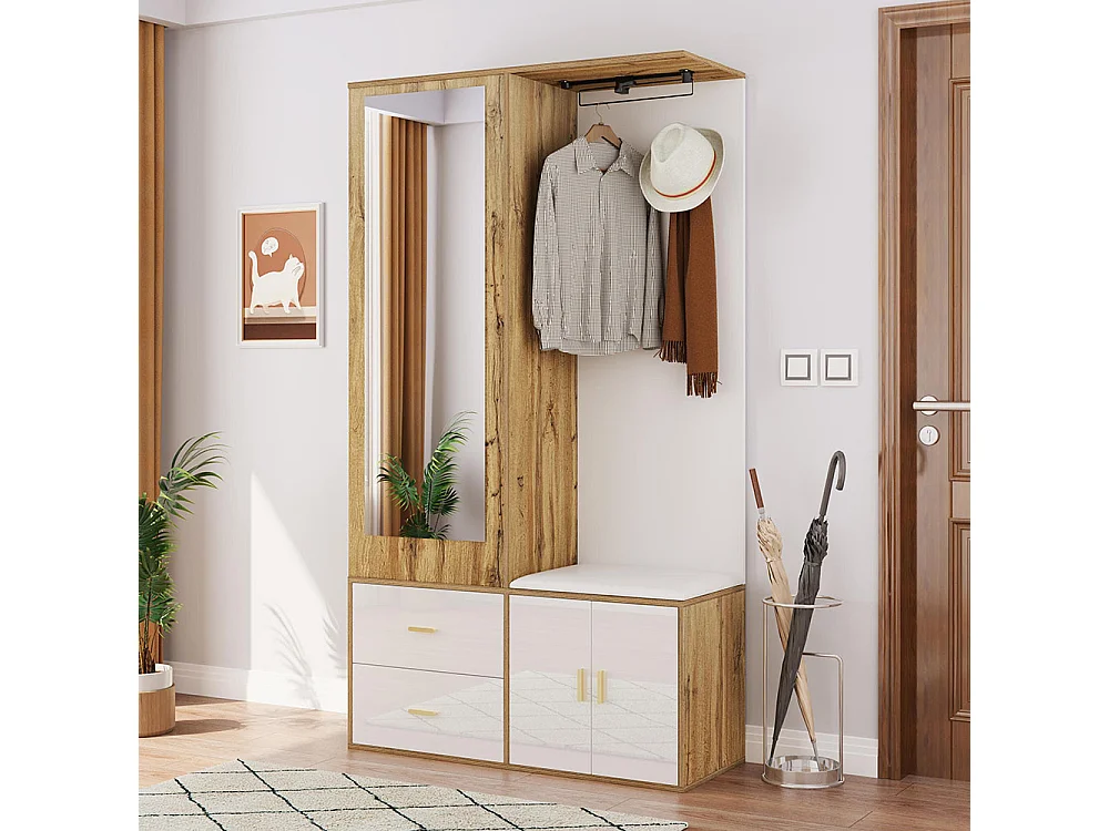 Armoire Ensemble rangement noir bois miroir armoire chaussures banc crochets cintres coulissants blanc+naturel