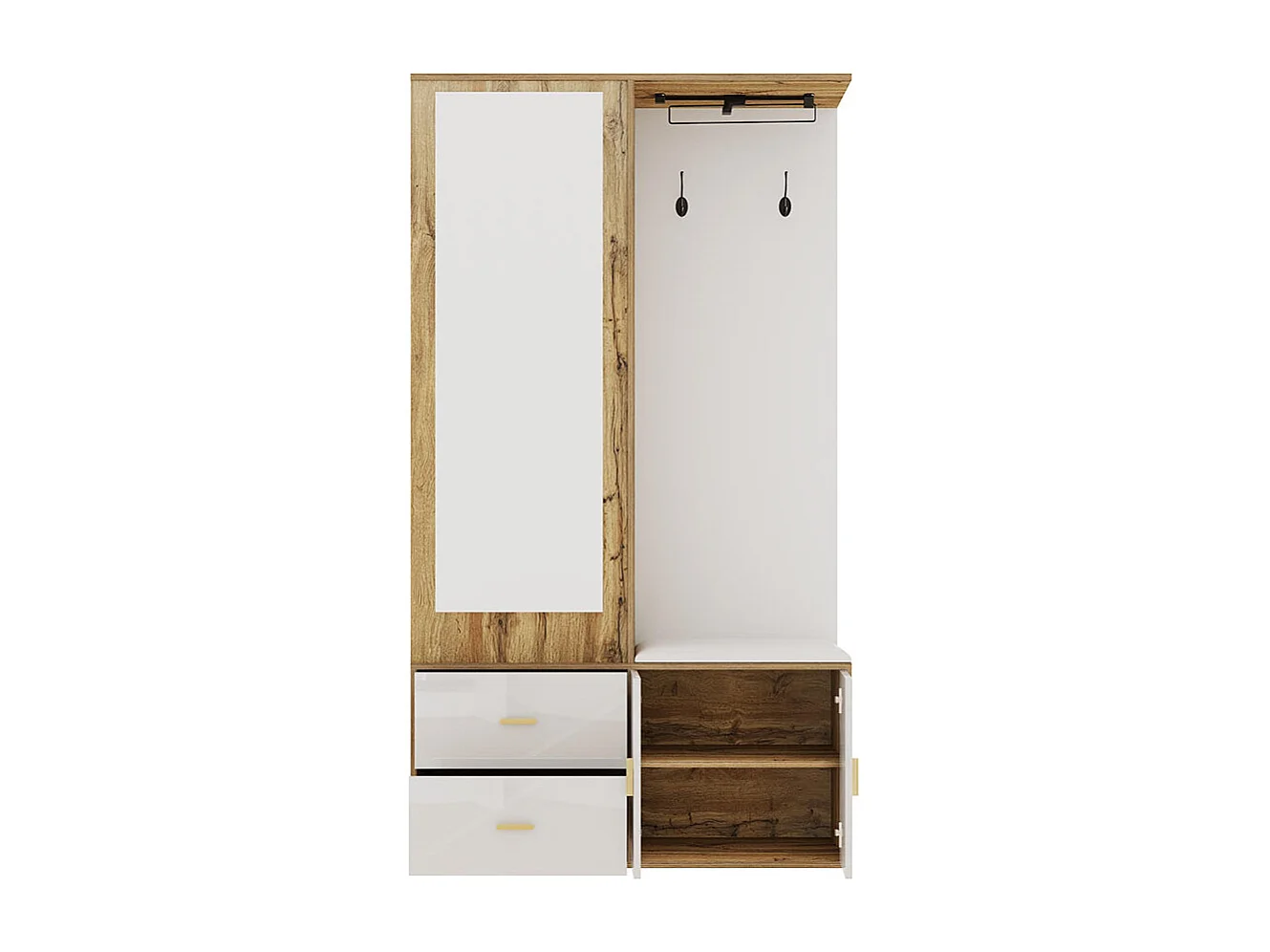 Armoire Ensemble rangement noir bois miroir armoire chaussures banc crochets cintres coulissants blanc+naturel