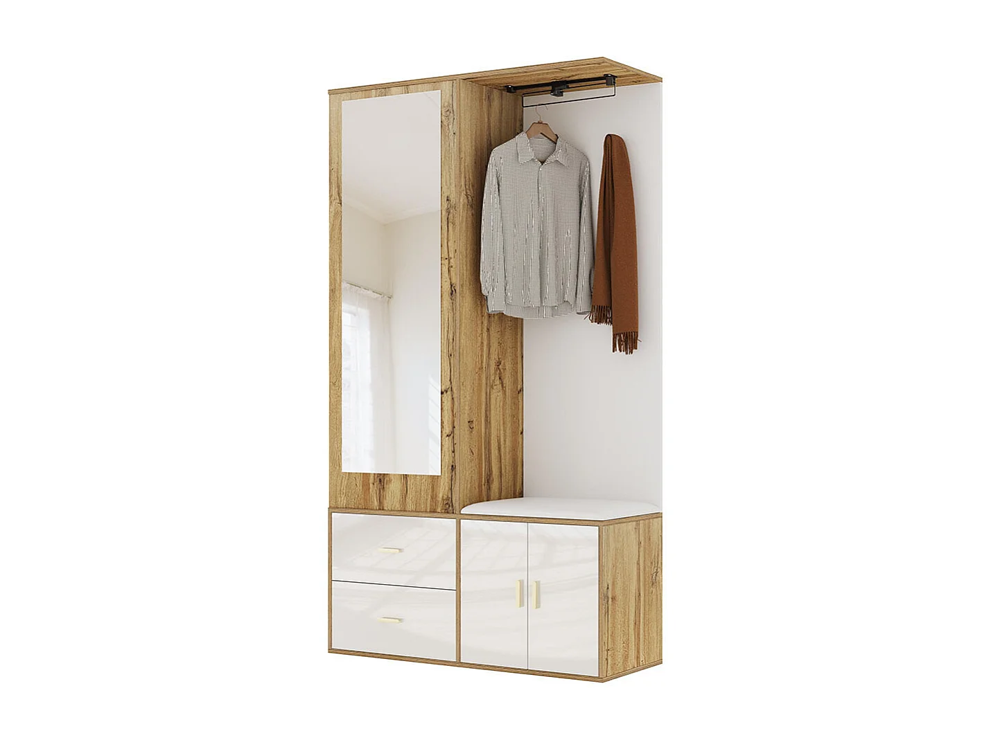 Armoire Ensemble rangement noir bois miroir armoire chaussures banc crochets cintres coulissants blanc+naturel