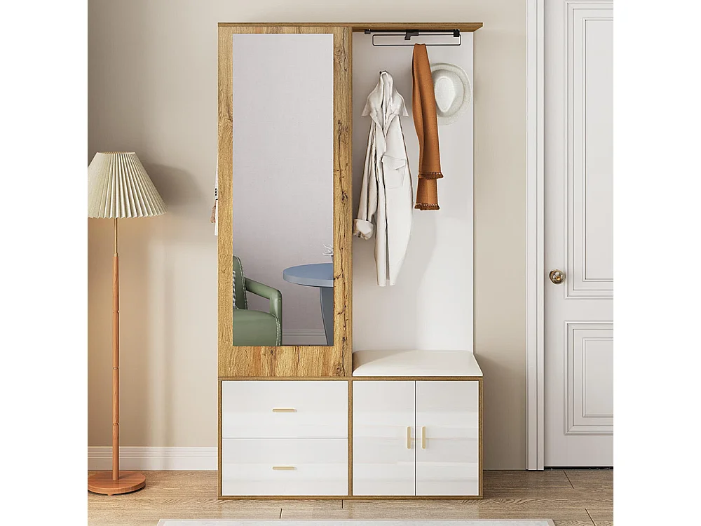 Armoire Ensemble rangement noir bois miroir armoire chaussures banc crochets cintres coulissants blanc+naturel