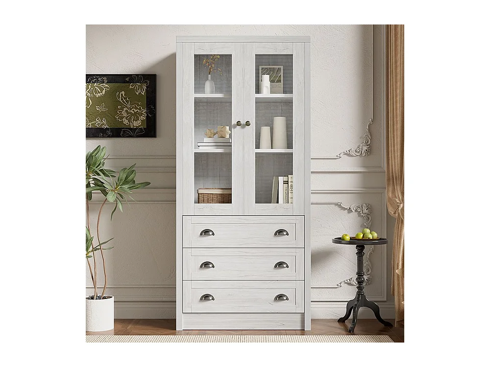 Armoire haute moderne aspect bois portes en verre 3 tiroirs poignées cuivre espace de rangement élégant bois