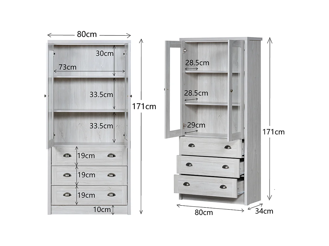 Armoire haute moderne aspect bois portes en verre 3 tiroirs poignées cuivre espace de rangement élégant bois