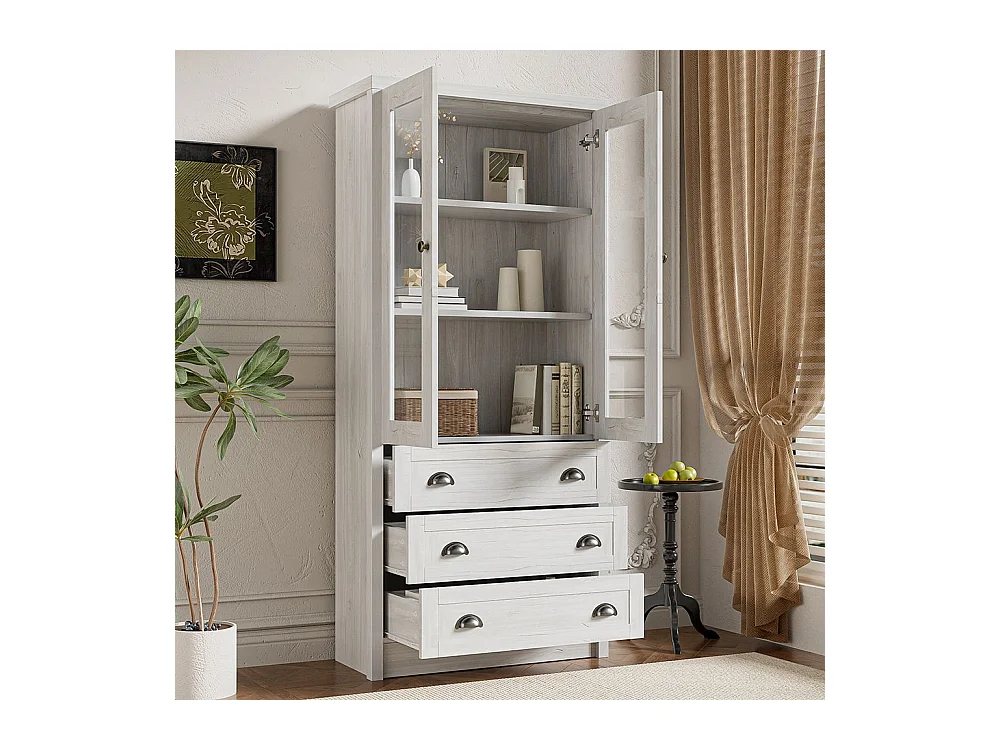 Armoire haute moderne aspect bois portes en verre 3 tiroirs poignées cuivre espace de rangement élégant bois