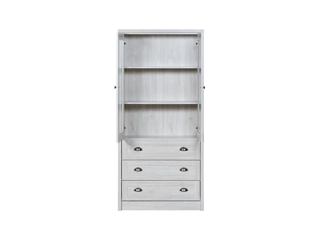 Armoire haute moderne aspect bois portes en verre 3 tiroirs poignées cuivre espace de rangement élégant bois