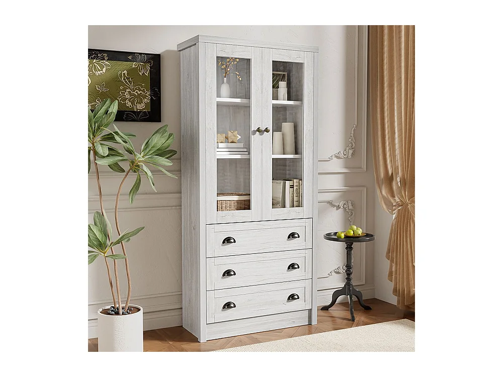 Moderne hoge kast in houtlook met glazen deuren 3 lades koperen handgrepen elegante opbergruimte hout