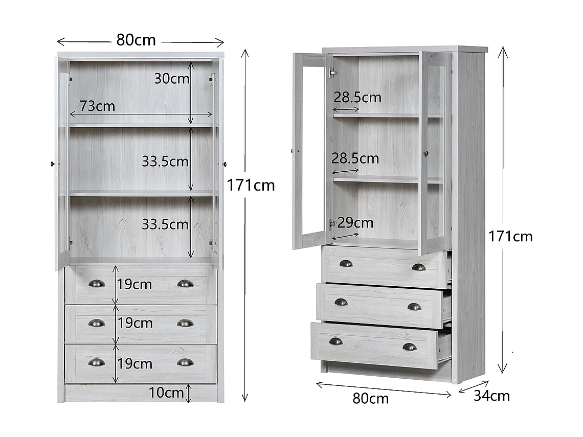 Moderne hoge kast in houtlook met glazen deuren 3 lades koperen handgrepen elegante opbergruimte hout