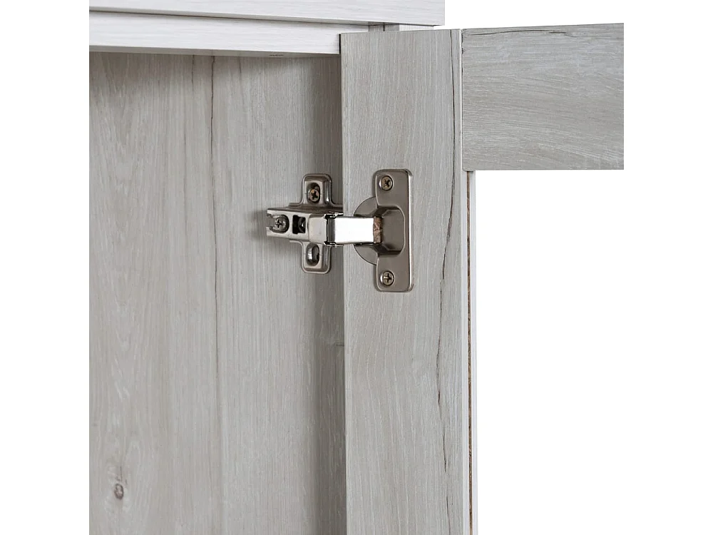 Moderne hoge kast in houtlook met glazen deuren 3 lades koperen handgrepen elegante opbergruimte hout