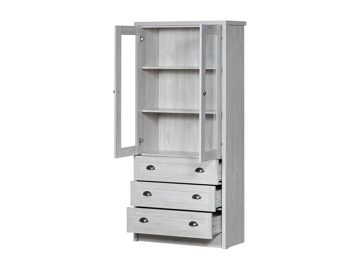 Armoire haute moderne aspect bois portes en verre 3 tiroirs poignées cuivre espace de rangement élégant bois
