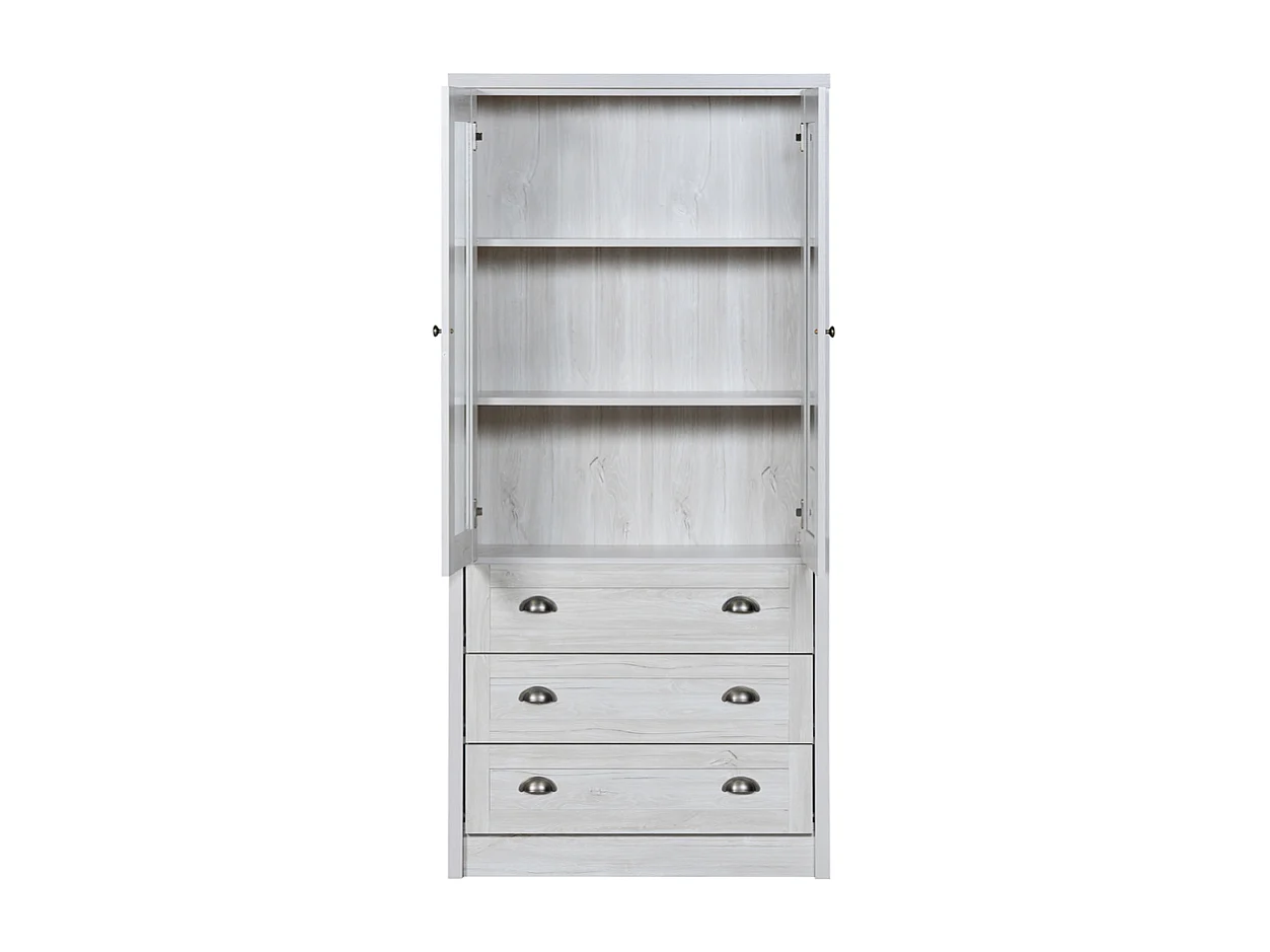 Armoire haute moderne aspect bois portes en verre 3 tiroirs poignées cuivre espace de rangement élégant bois