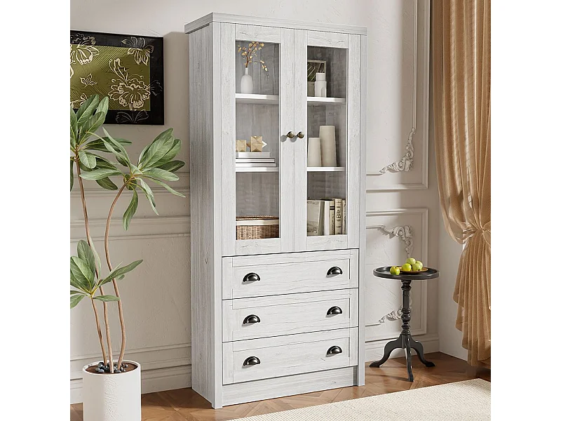 Armoire haute moderne aspect bois portes en verre 3 tiroirs poignées cuivre espace de rangement élégant bois