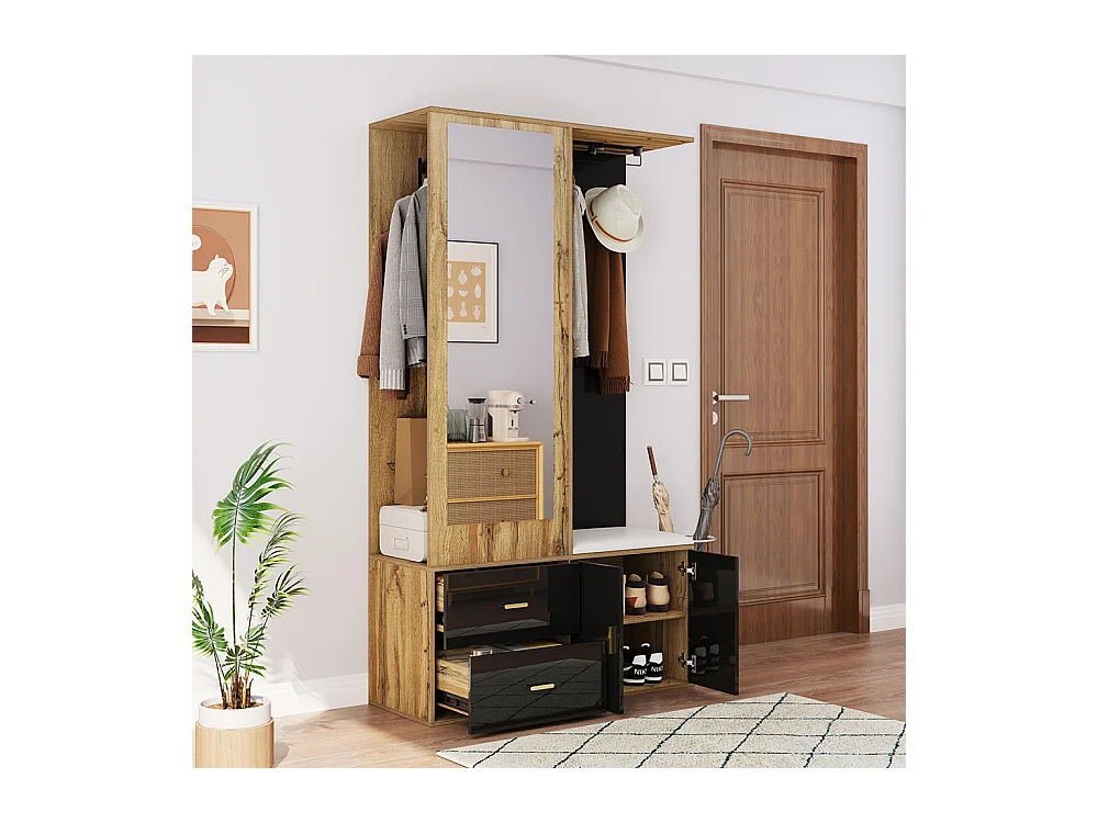 Armoire Ensemble rangement noir bois miroir armoire chaussures banc crochets cintres coulissants noir+naturel