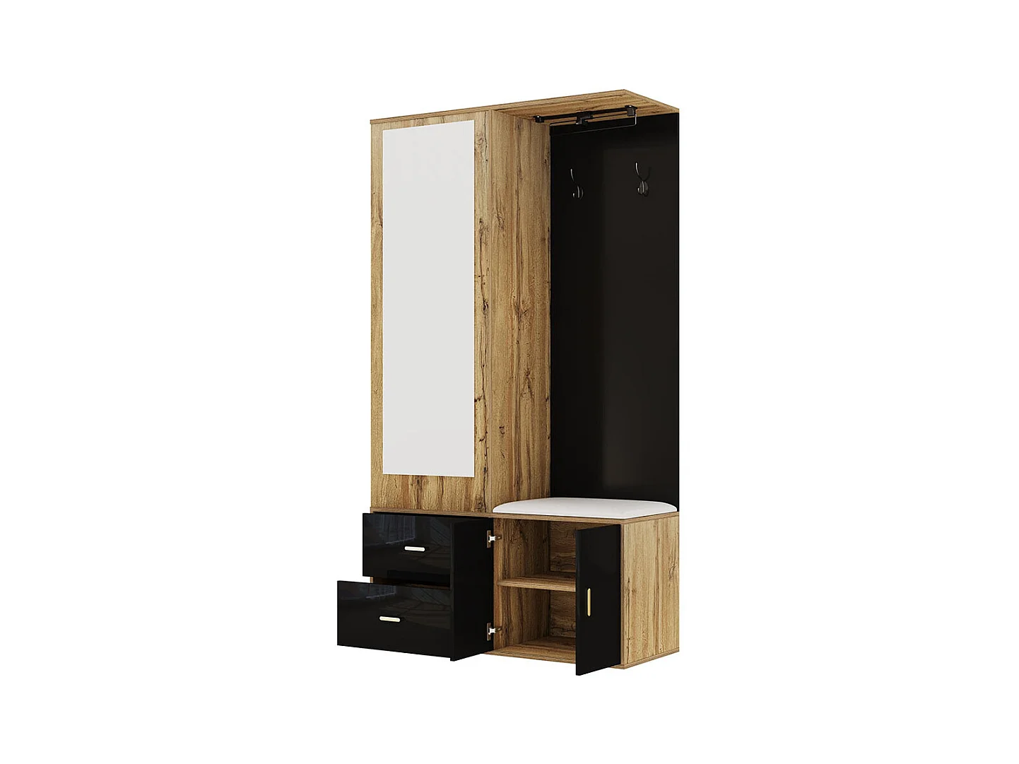 Armoire Ensemble rangement noir bois miroir armoire chaussures banc crochets cintres coulissants noir+naturel