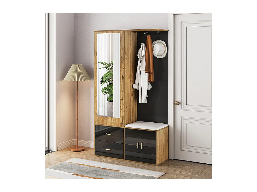 Armoire Ensemble rangement noir bois miroir armoire chaussures banc crochets cintres coulissants noir+naturel