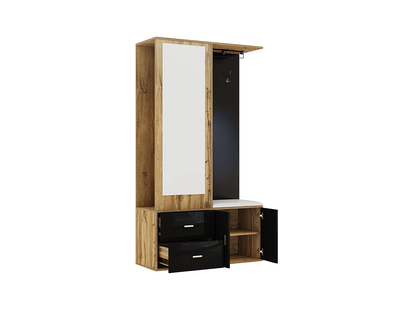 Armoire Ensemble rangement noir bois miroir armoire chaussures banc crochets cintres coulissants noir+naturel