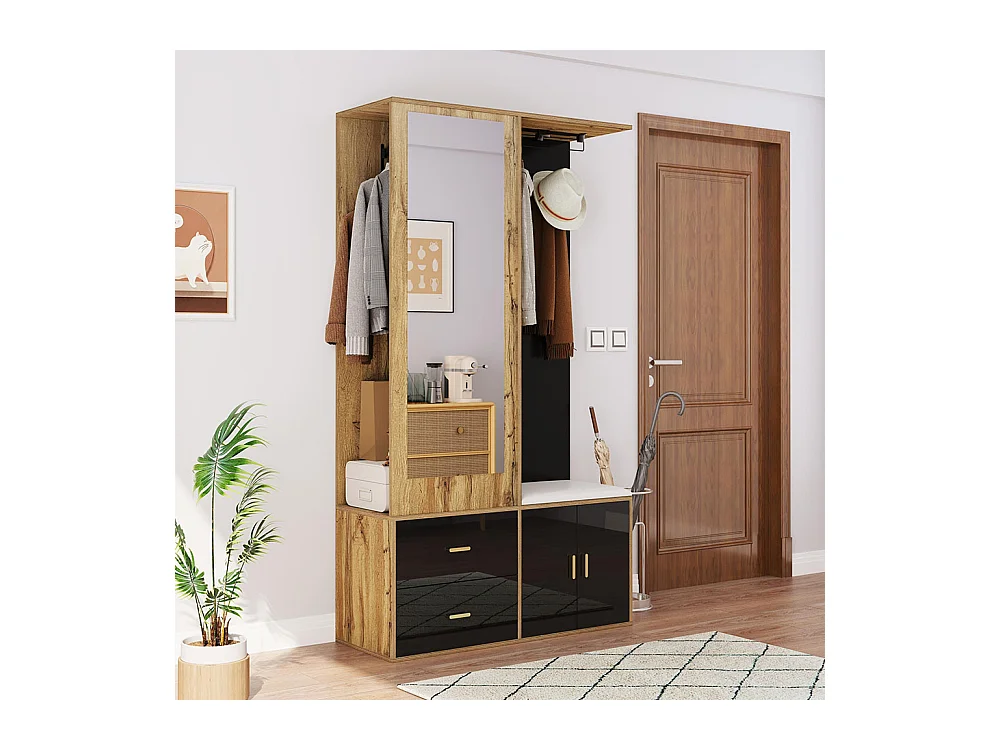 Armoire Ensemble rangement noir bois miroir armoire chaussures banc crochets cintres coulissants noir+naturel
