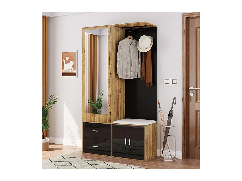 Armoire Ensemble rangement noir bois miroir armoire chaussures banc crochets cintres coulissants noir+naturel