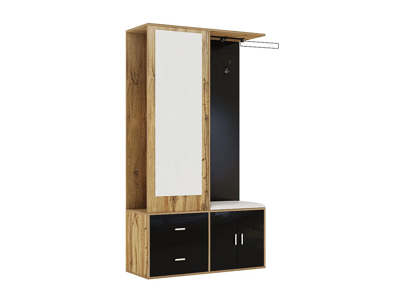 Kast Opbergset zwart hout spiegel schoenenkast bank haakjes schuifbare kleerhangers zwart+naturel