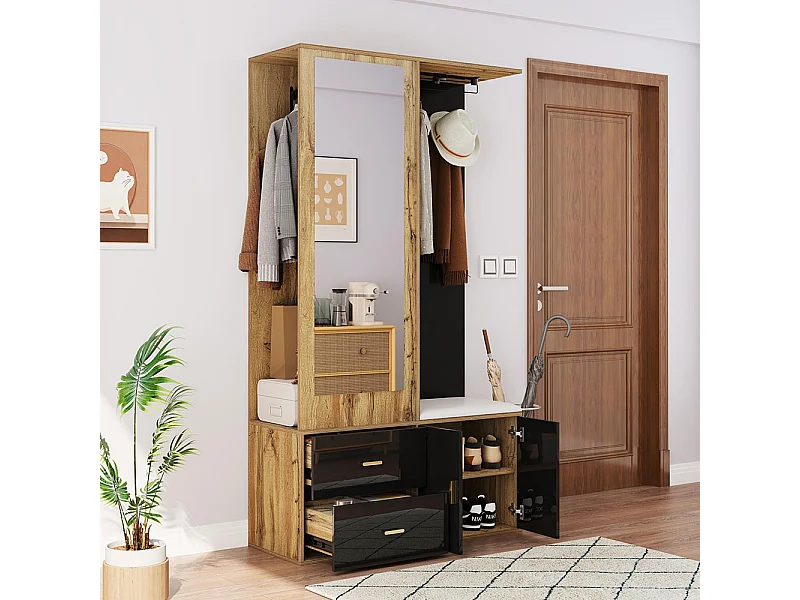 Kast Opbergset zwart hout spiegel schoenenkast bank haakjes schuifbare kleerhangers zwart+naturel