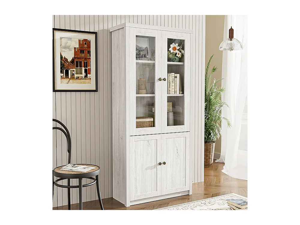 Armoire haute moderne aspect bois portes en verre 2 portes bois poignées cuivre espace de rangement élégant bois