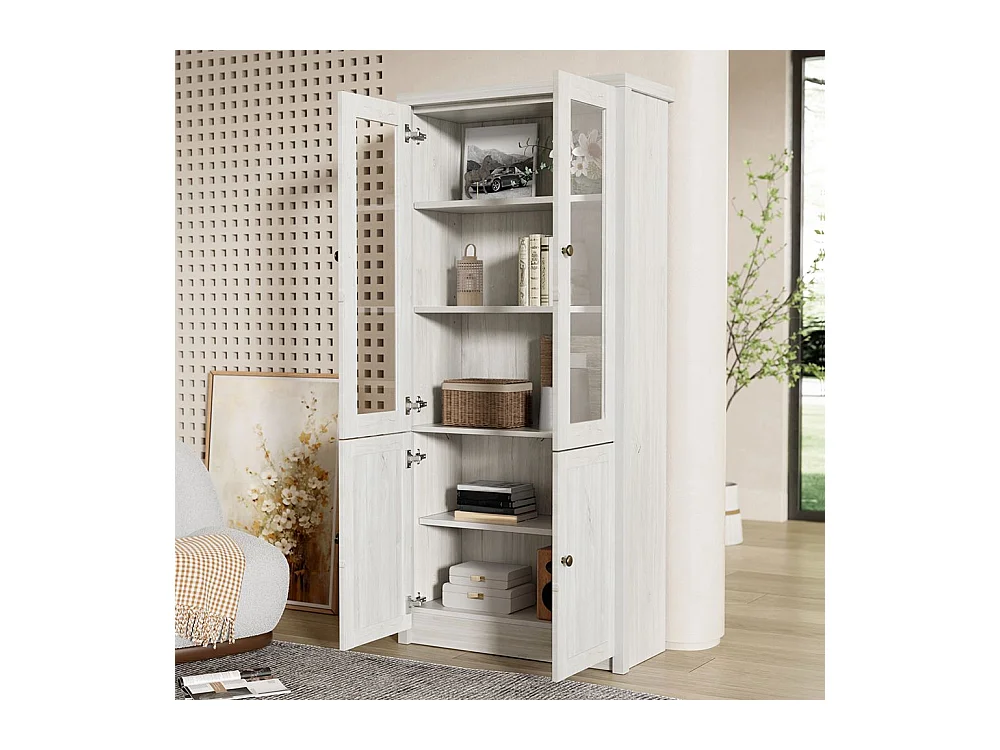 Armoire haute moderne aspect bois portes en verre 2 portes bois poignées cuivre espace de rangement élégant bois