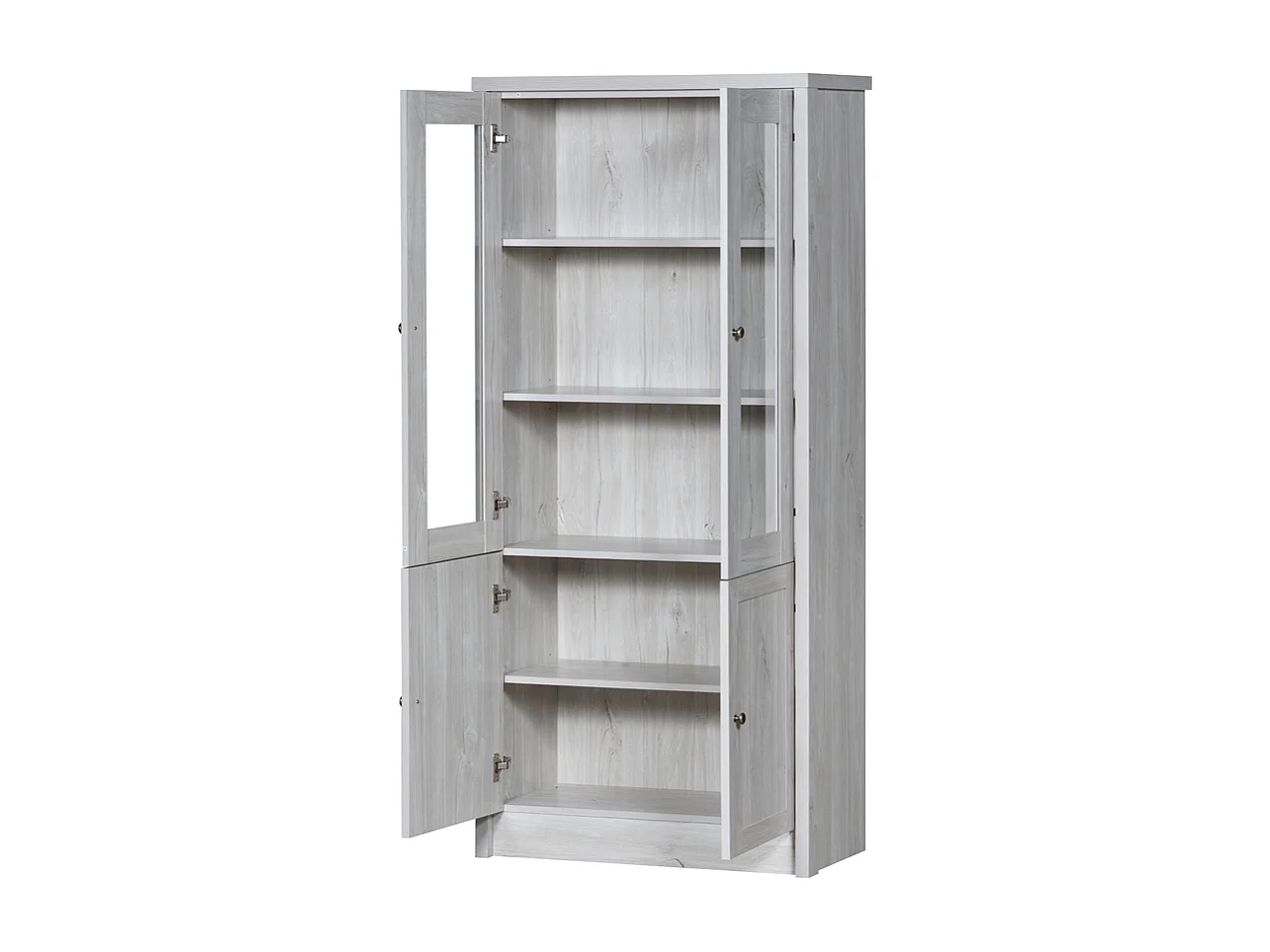 Moderne hoge kast in houtlook met glazen deuren 2 houten deuren koperen handgrepen elegante opbergruimte hout