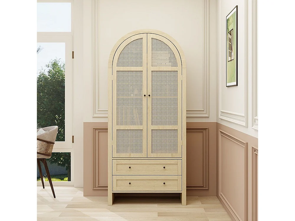 Armoire de rangement style bohème couleur naturelle armoire multifonction en forme d arc portes en rotin tressé avec deux tiroirs naturel