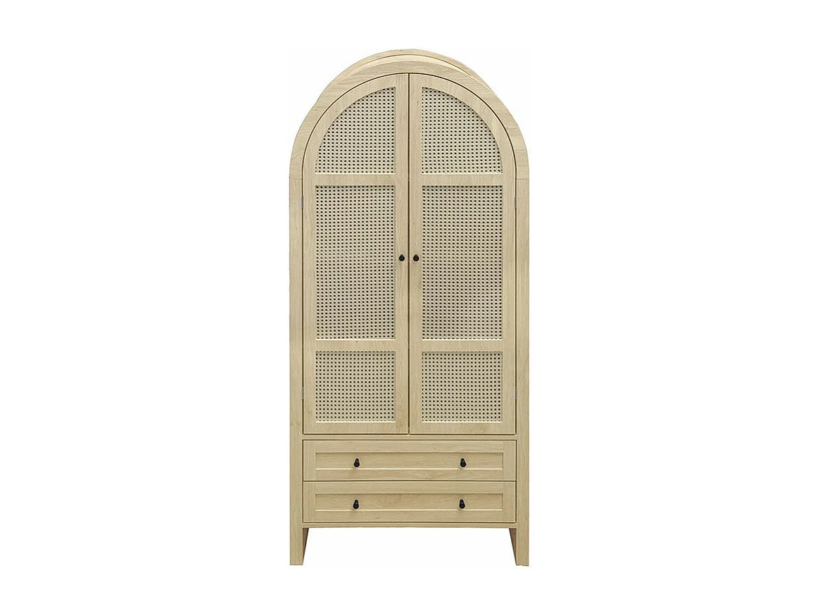 Armoire de rangement style bohème couleur naturelle armoire multifonction en forme d arc portes en rotin tressé avec deux tiroirs naturel