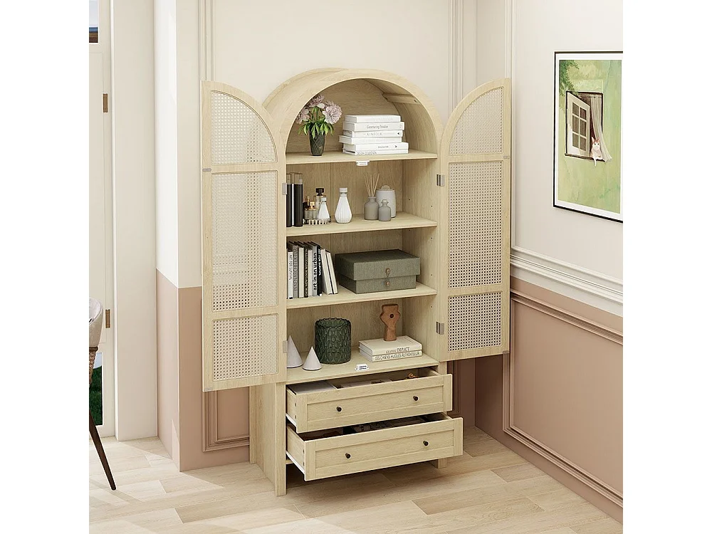 Armoire de rangement style bohème couleur naturelle armoire multifonction en forme d arc portes en rotin tressé avec deux tiroirs naturel