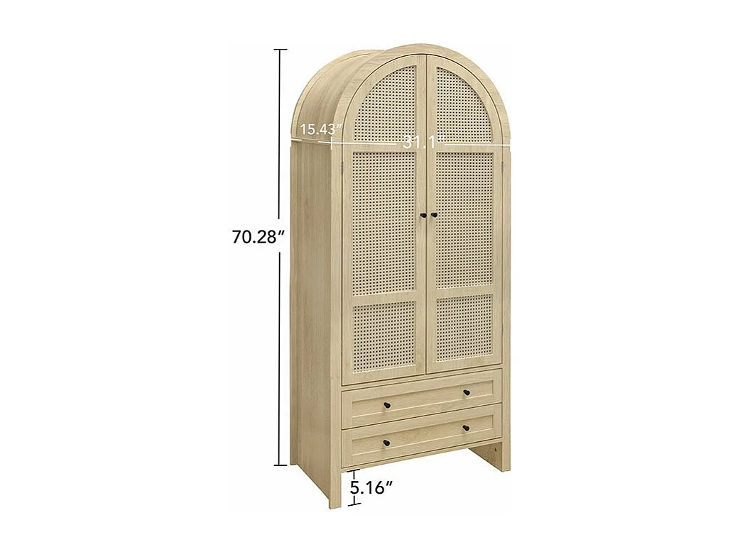 Armoire de rangement style bohème couleur naturelle armoire multifonction en forme d arc portes en rotin tressé avec deux tiroirs naturel