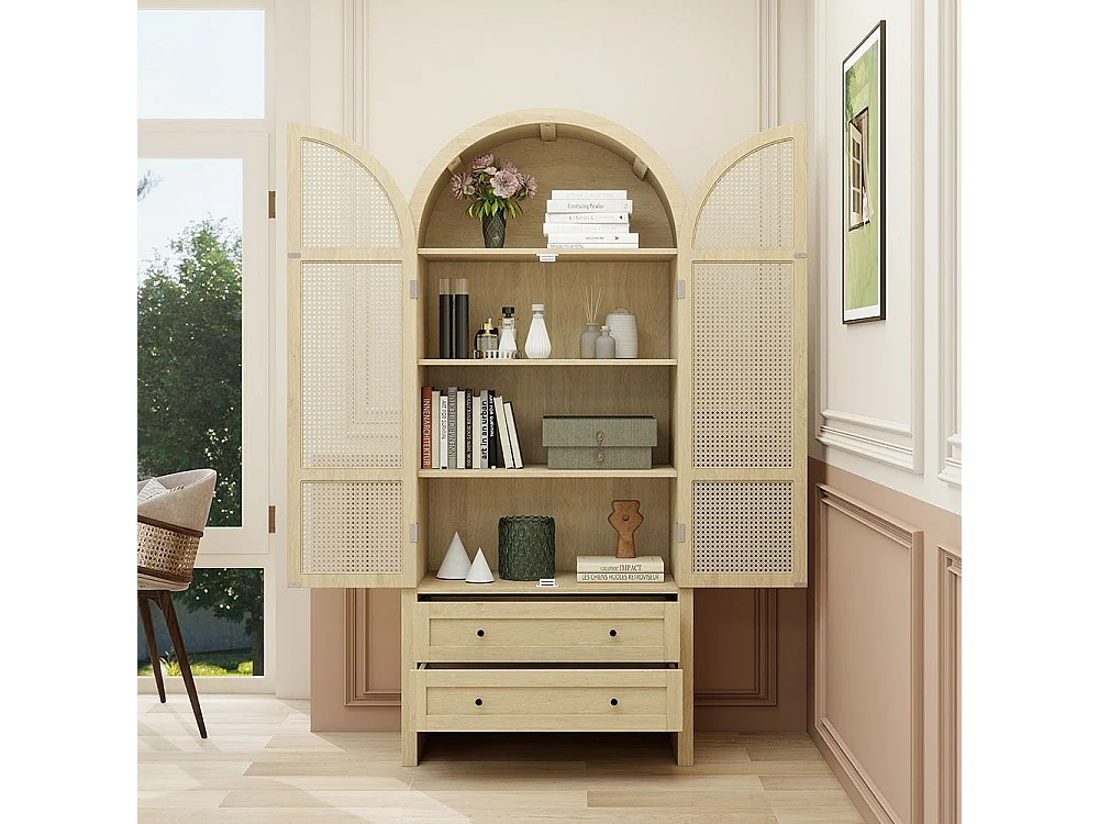 Armoire de rangement style bohème couleur naturelle armoire multifonction en forme d arc portes en rotin tressé avec deux tiroirs naturel