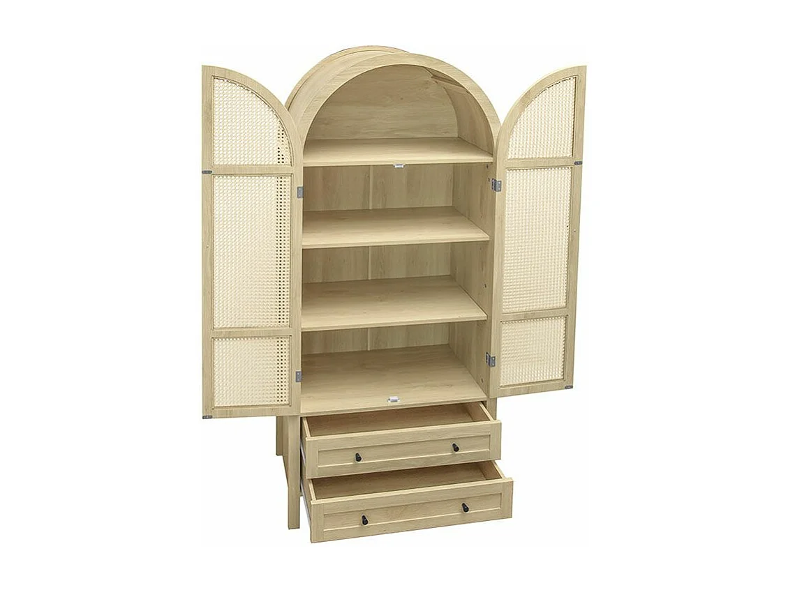 Armoire de rangement style bohème couleur naturelle armoire multifonction en forme d arc portes en rotin tressé avec deux tiroirs naturel