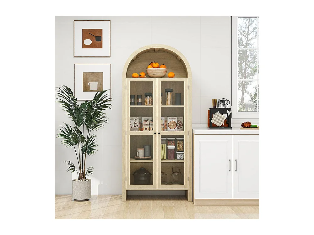 Opbergkast van naturel hout met deuren van transparant acrylglas hoge boogkast met twee lades naturel