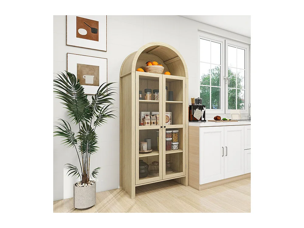 Opbergkast van naturel hout met deuren van transparant acrylglas hoge boogkast met twee lades naturel