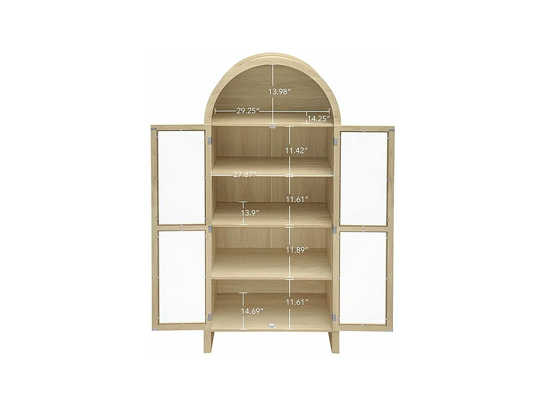 Opbergkast van naturel hout met deuren van transparant acrylglas hoge boogkast met twee lades naturel