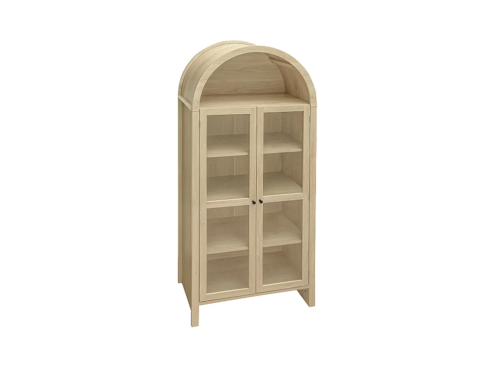 Opbergkast van naturel hout met deuren van transparant acrylglas hoge boogkast met twee lades naturel